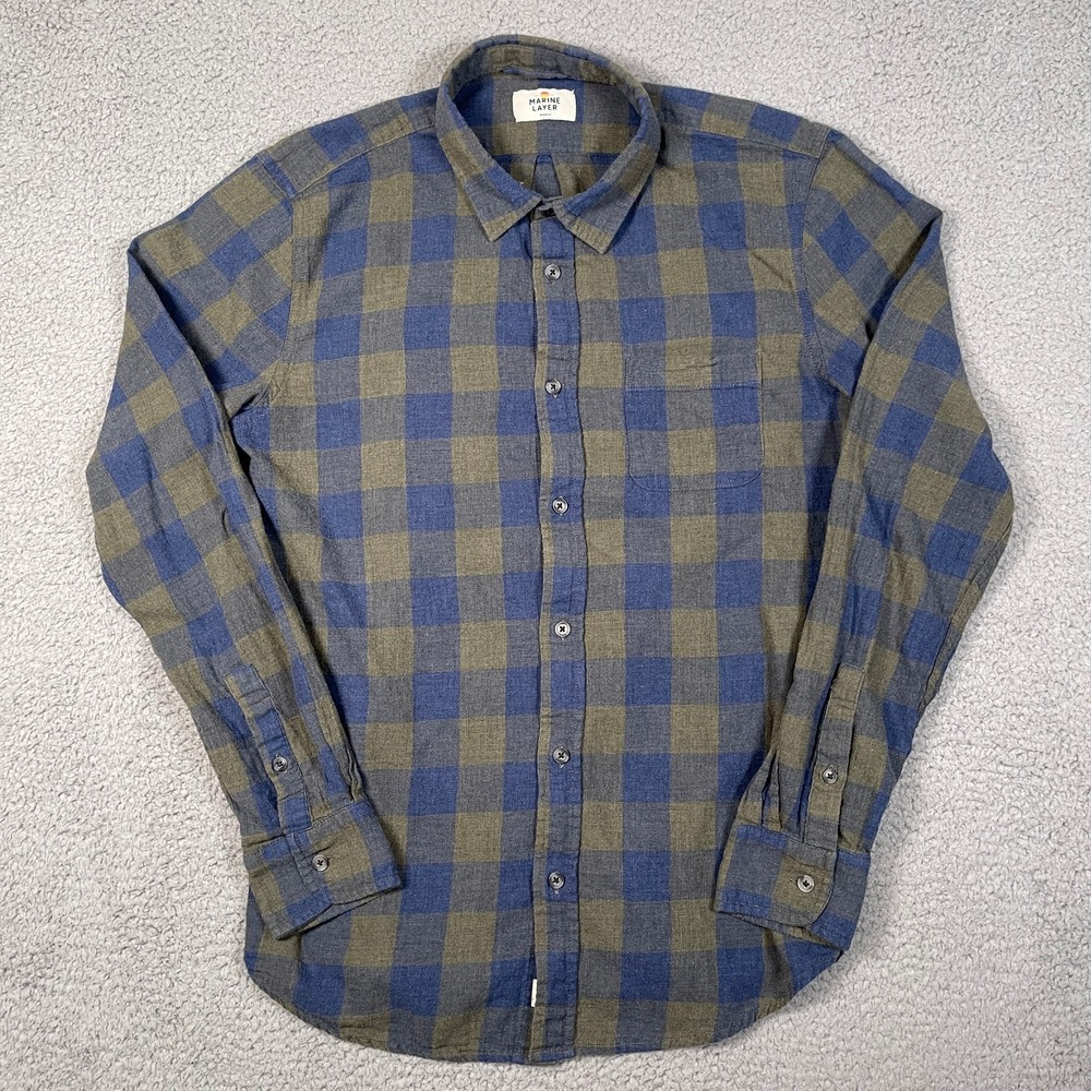 Marine Layer Long Sleeve Shirt Mens L Marge Blue Gray Flannel Plaid Button Up